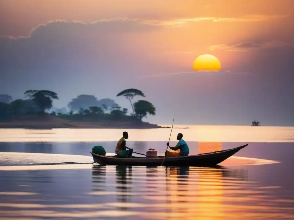 Paisaje impresionante de navegación en el lago Victoria al amanecer, pescadores lanzando redes con destreza en aguas serenas