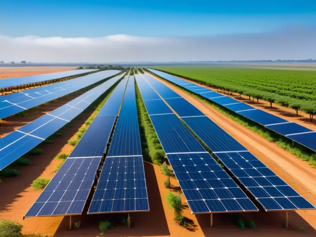 Un paisaje impresionante de paneles solares en la sabana africana, operarios locales inspeccionando, integrando energía renovable en África