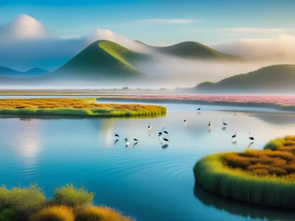 Un paisaje impresionante del Parque Nacional del Banco de Arguin, donde aves vuelan sobre aguas serenas