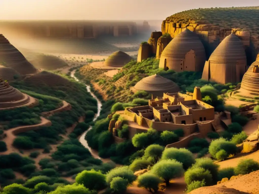 Paisaje mágico de la arquitectura en piedra seca de los pueblos Dogón en Mali al atardecer