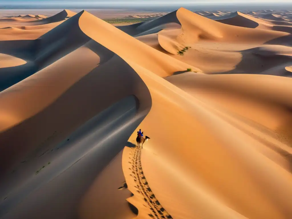 Un paisaje mágico del vasto Desierto del Sahara con dunas doradas y una caravana de camellos