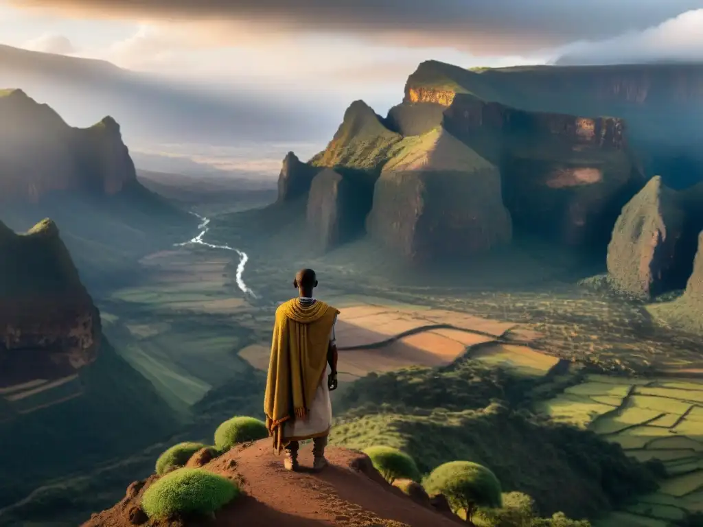 Un paisaje etíope, con las montañas Simien al amanecer y una figura solitaria desafiante