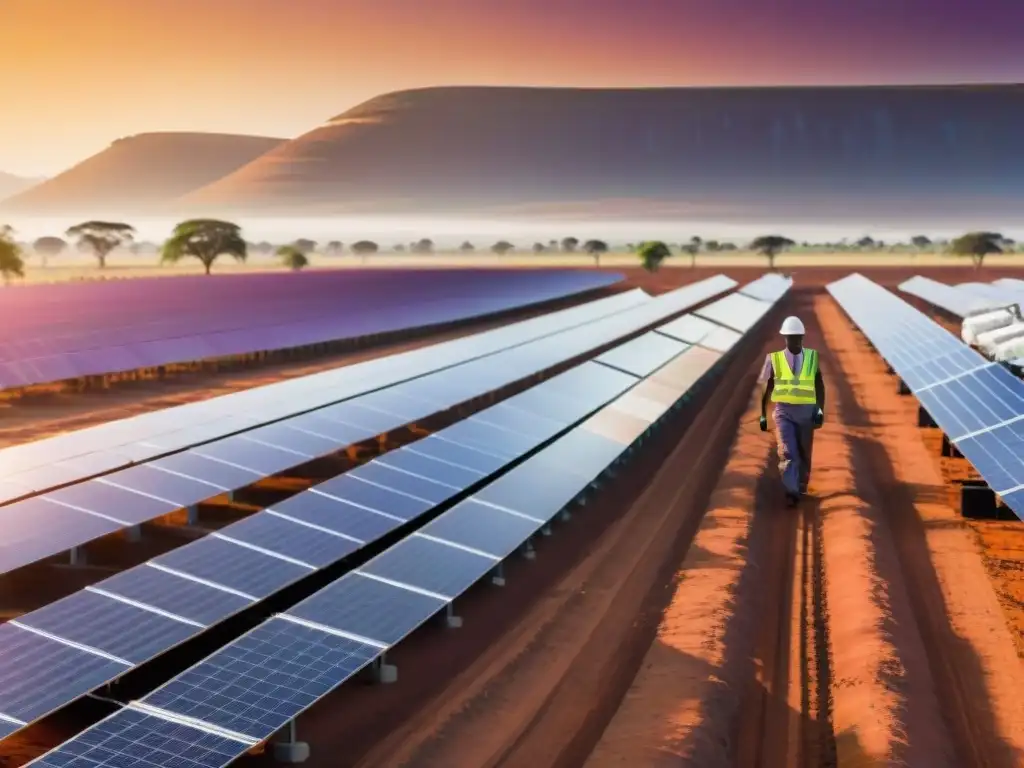 Un paisaje solar en la sabana africana con paneles relucientes bajo el sol, trabajadores inspeccionándolos y un atardecer cálido