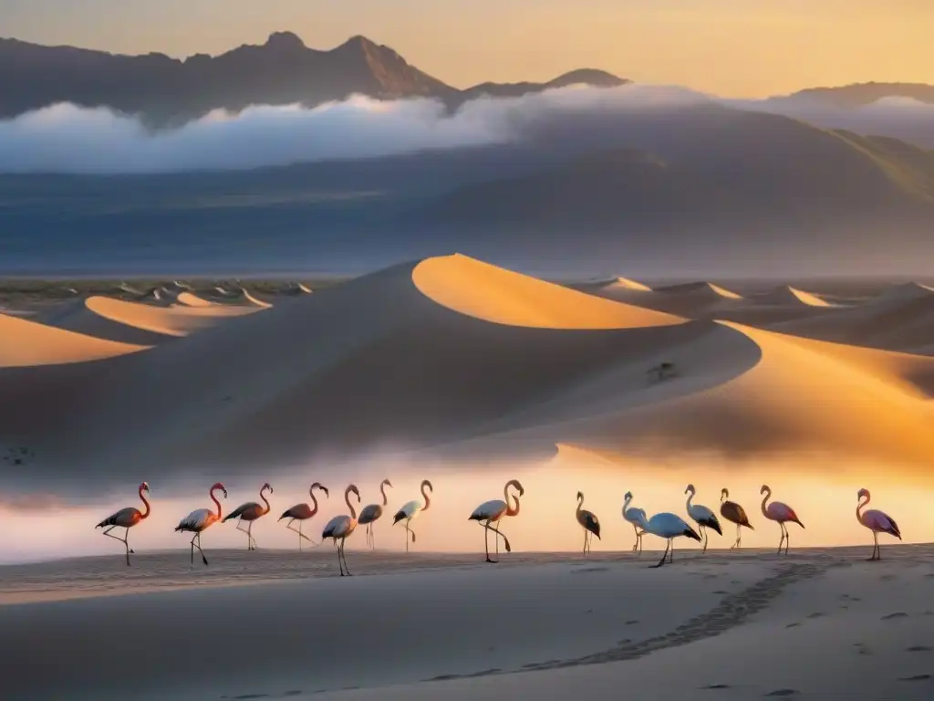 Un paisaje vasto del Parque Nacional Banco Arguin al atardecer, con flora y fauna en su hábitat natural, resaltando su biodiversidad