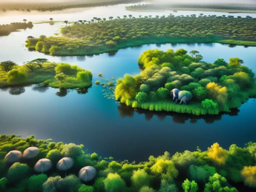 Un paisaje vibrante del Delta del Okavango en Botsuana, con su exuberante vegetación y diversa vida silvestre