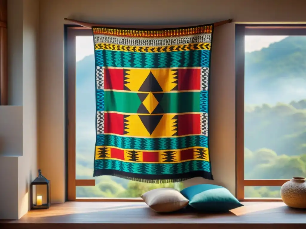 Paño Kente en exhibición de madera, con colores vibrantes y patrones geométricos que simbolizan la rica herencia cultural de África