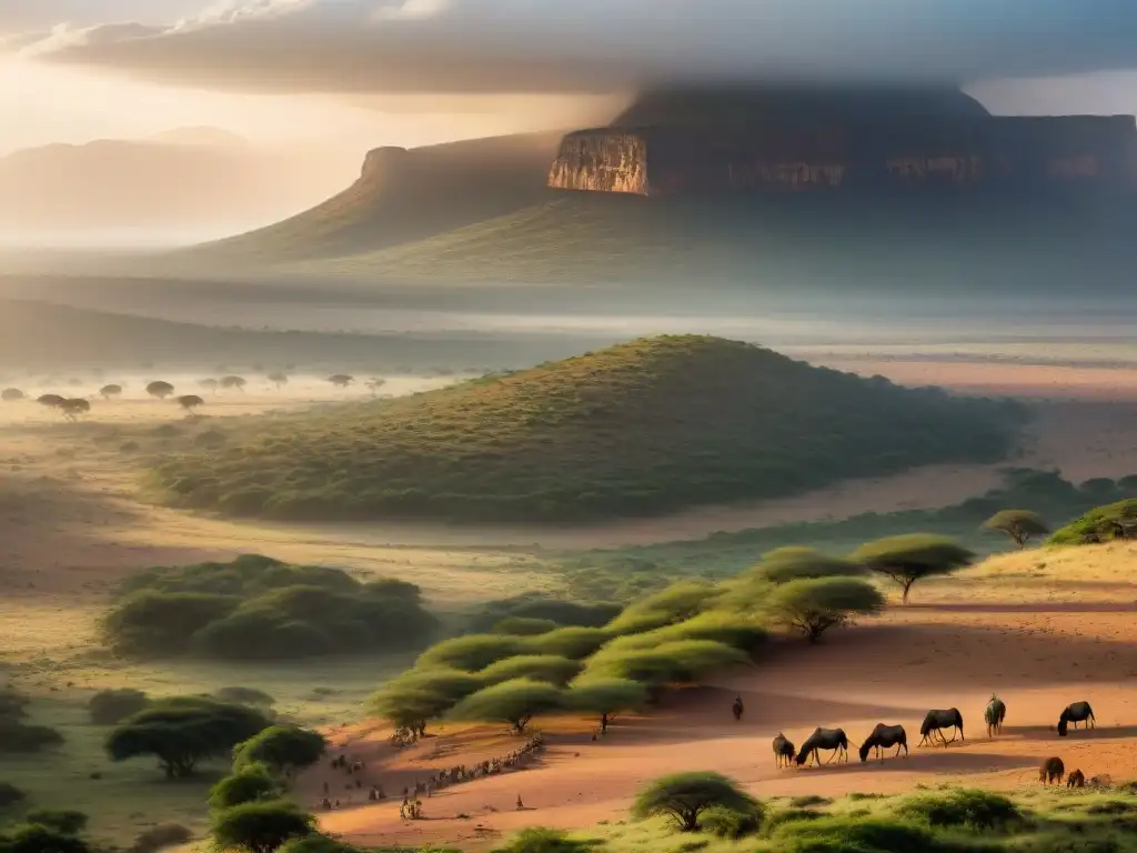 Panorama de la sabana africana al atardecer con asentamientos humanos en África Oriental