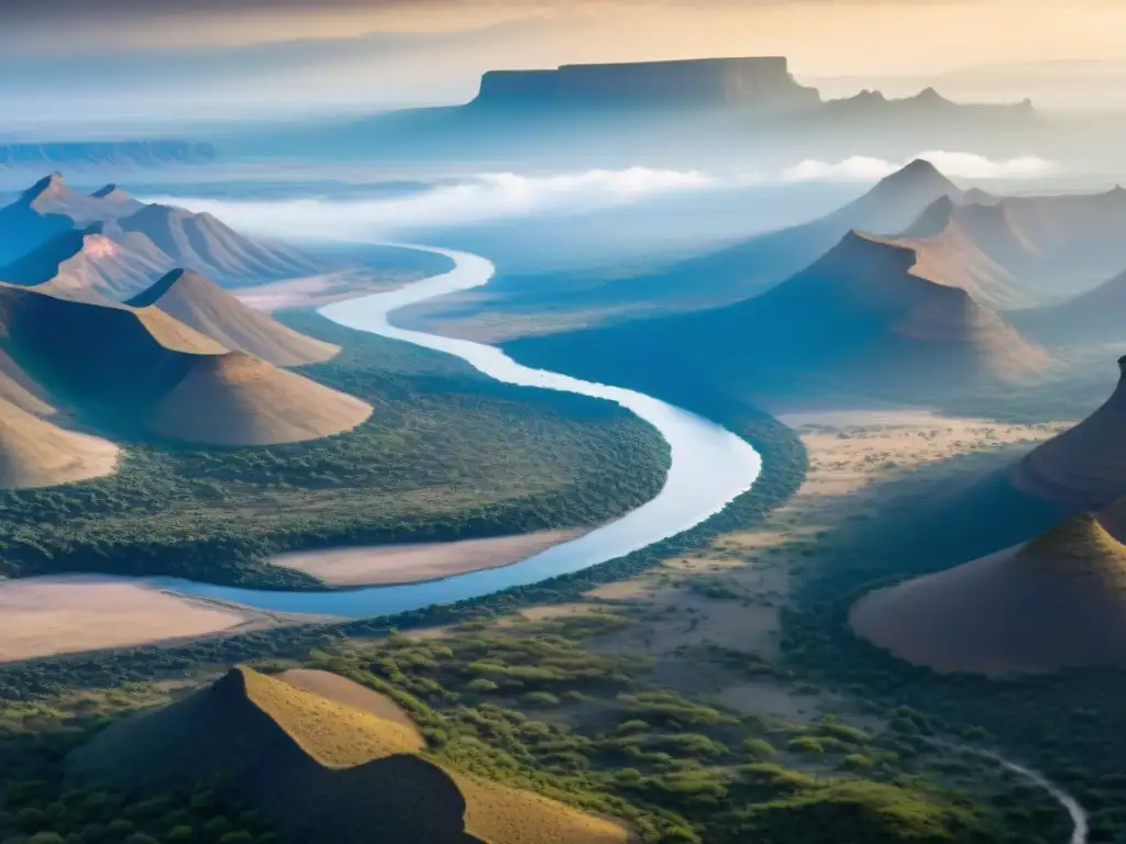 Panorámica detallada del Valle del Rift en Tanzania con acacias dispersas y río serpenteante