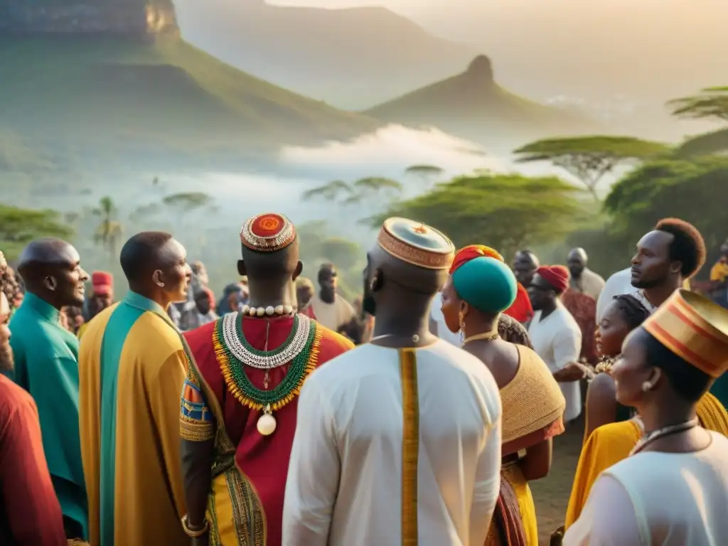 Panteón africano en sincretismo: Celebración religiosa con diversidad cultural y colorida vestimenta tradicional, en un paisaje africano al atardecer