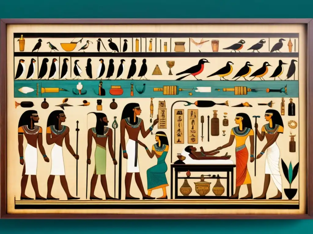 Papiro médico antiguo de Egipto y Nubia: detalladas ilustraciones de tratamientos y médicos en un bullicioso centro médico