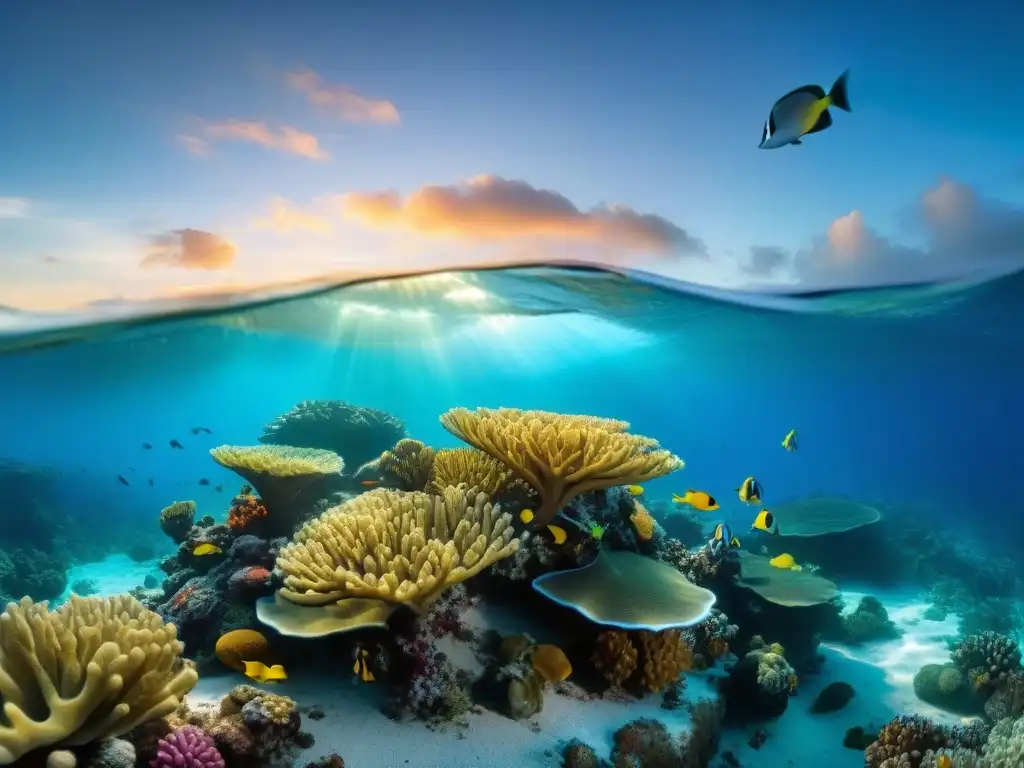 Biodiversidad del Parque Nacional Banco Arguin: arrecife de coral vibrante, peces coloridos y atardecer dorado