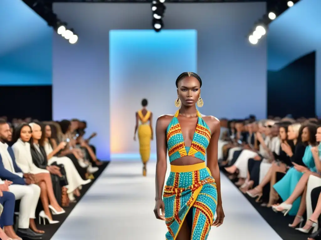 Una pasarela de moda de lujo con textiles tradicionales africanos, fusionando herencia y modernidad