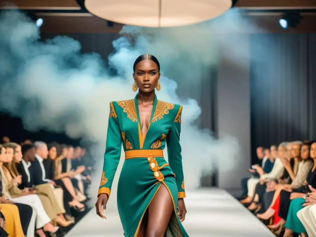 Una pasarela de moda fusionando patrones africanos en una marca de lujo, con modelos diversos y una audiencia cautivada