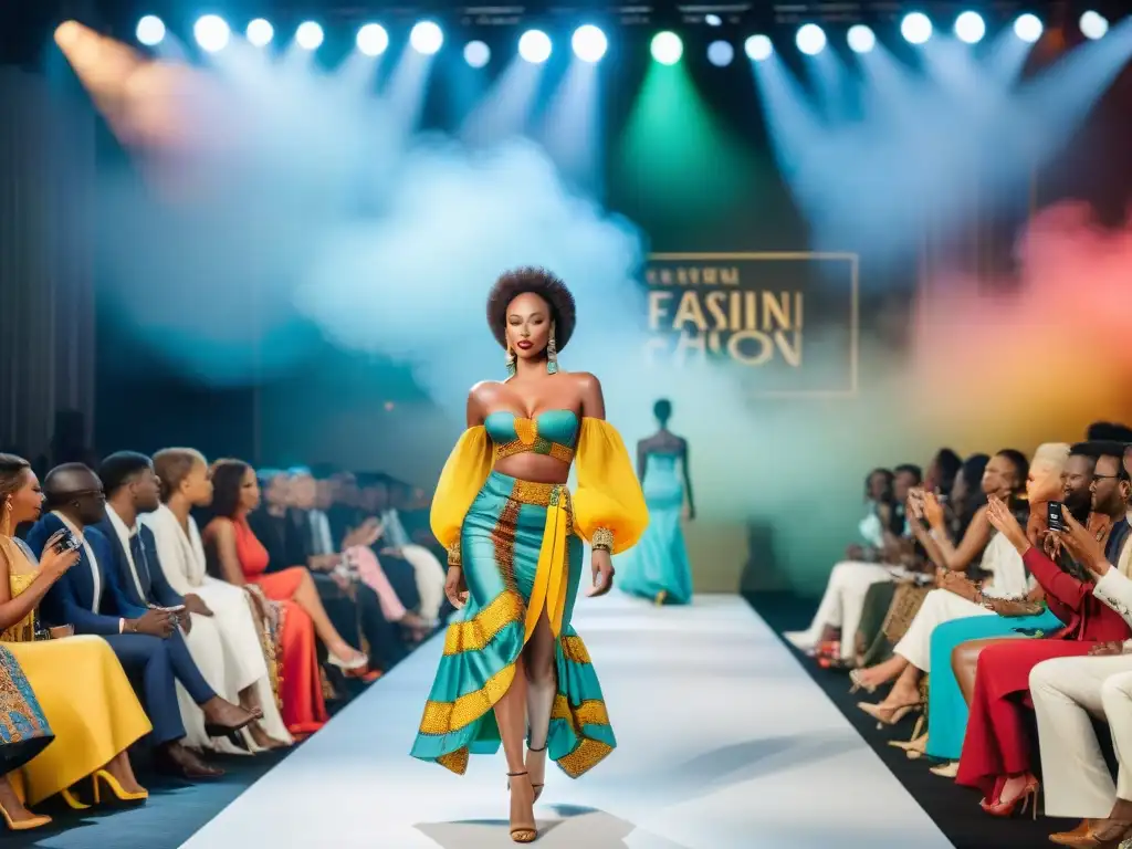 Una pasarela vibrante en un desfile de moda africana, con diseños tradicionales y modernos