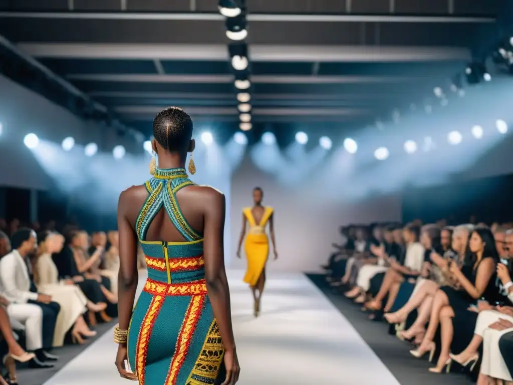 Una pasarela vibrante con diseños modernos inspirados en textiles y patrones africanos, fusionando lo contemporáneo con lo tradicional