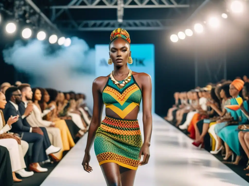 Una pasarela vibrante con modelos africanos rompiendo moldes de belleza, cautivando a todos