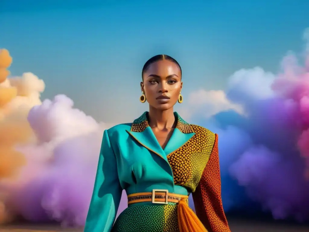 Una pasarela vibrante con modelos luciendo prendas inspiradas en África, fusionando moda contemporánea con tinturas africanas