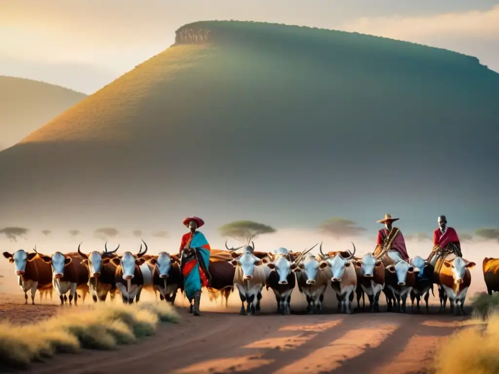 Pastores africanos adornados en atuendos tradicionales, pastoreando ganado al atardecer