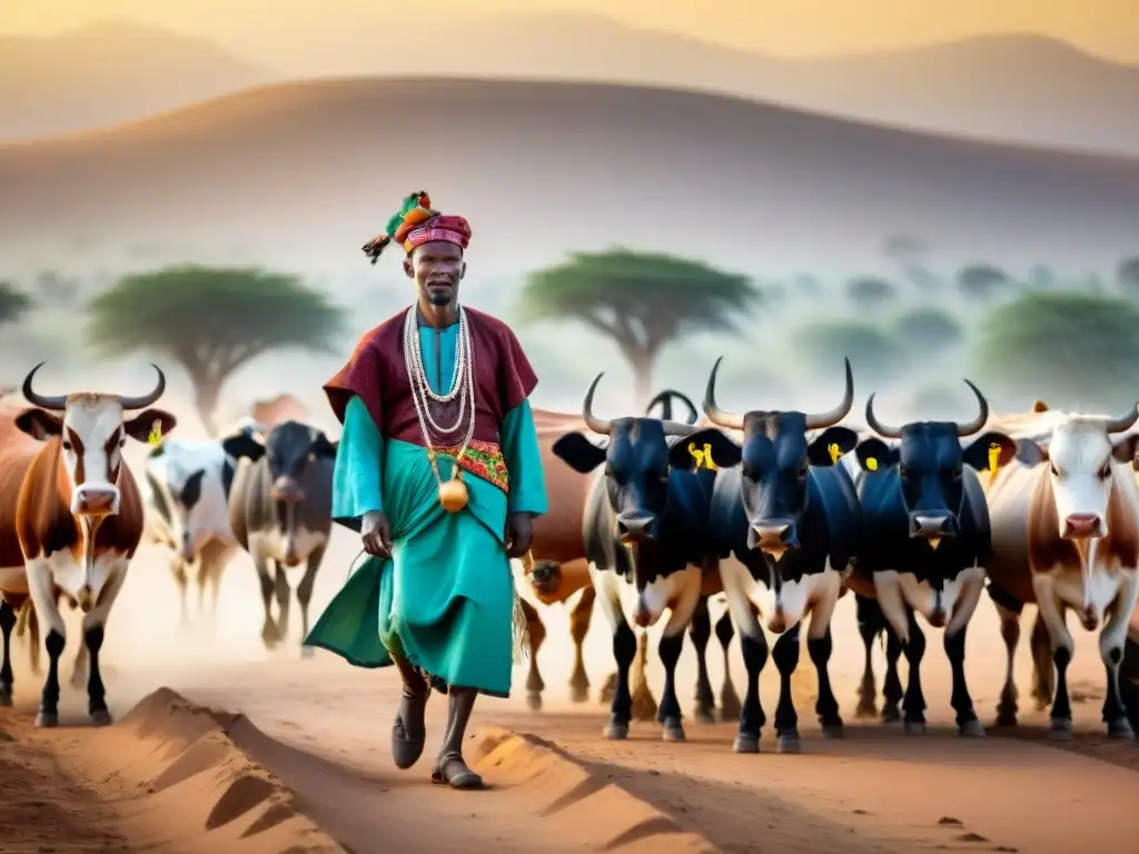 Pastores Fulani con su ganado en el árido Sahel, reflejando el origen y cultura de los Fulani