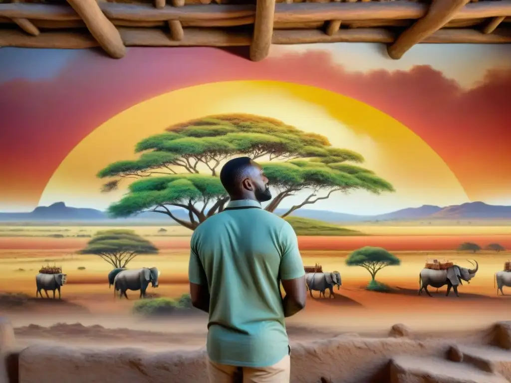 Conservación del patrimonio cultural africano: Equipo de conservadores africanos restaurando mural centenario al atardecer