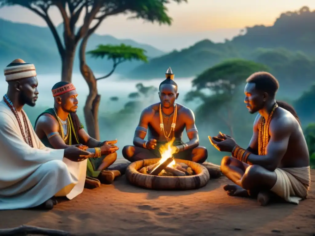 En la penumbra del atardecer, chamanes y sacerdotes africanos realizan una ceremonia religiosa iluminada por antorchas