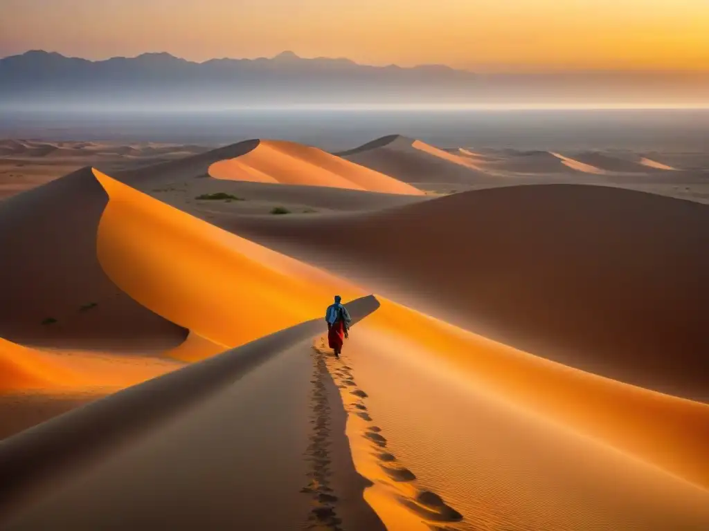 Un peregrino camina solo al amanecer en el vasto desierto del Sáhara, destacando las rutas de peregrinación en África