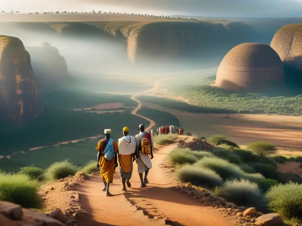 Peregrinos en África siguiendo un sendero hacia un antiguo lugar de poder en un paisaje salvaje y árido bajo el sol abrasador