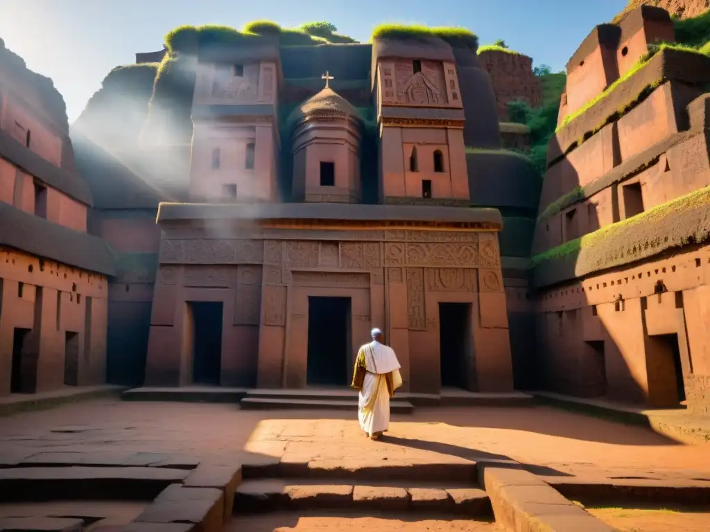 Peregrinos en Bet Giyorgis, iglesia tallada en piedra en Lalibela, Etiopía, con la luz dorada del amanecer