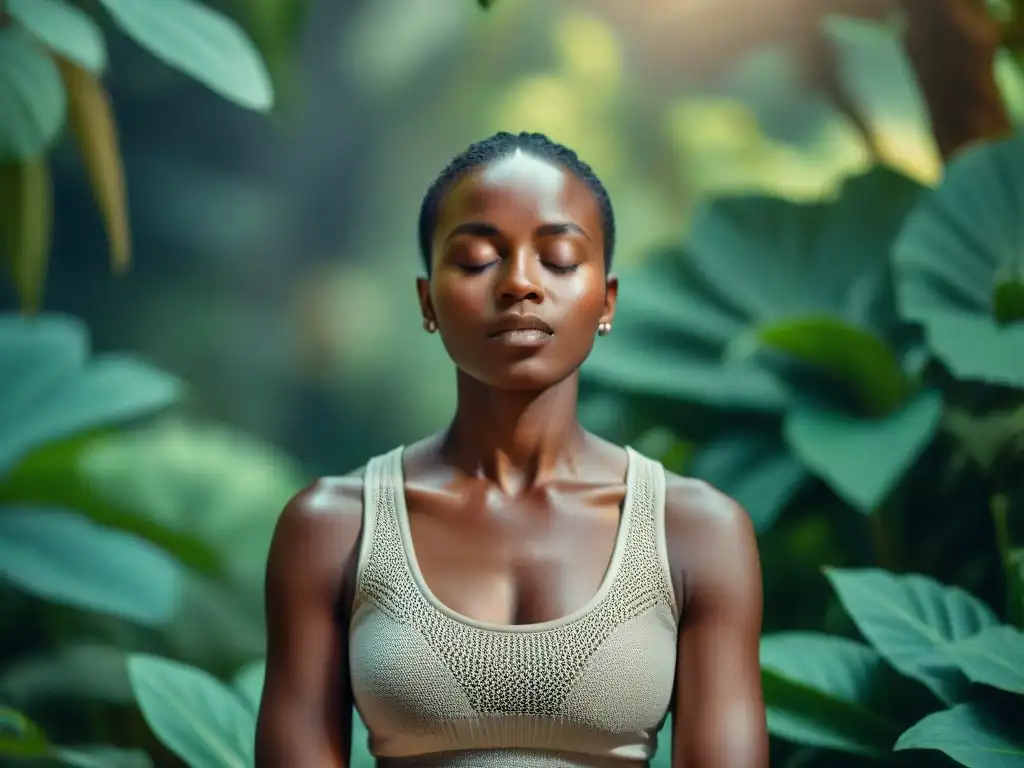 Personas practicando meditación mindfulness al aire libre con influencia africana en un entorno natural sereno