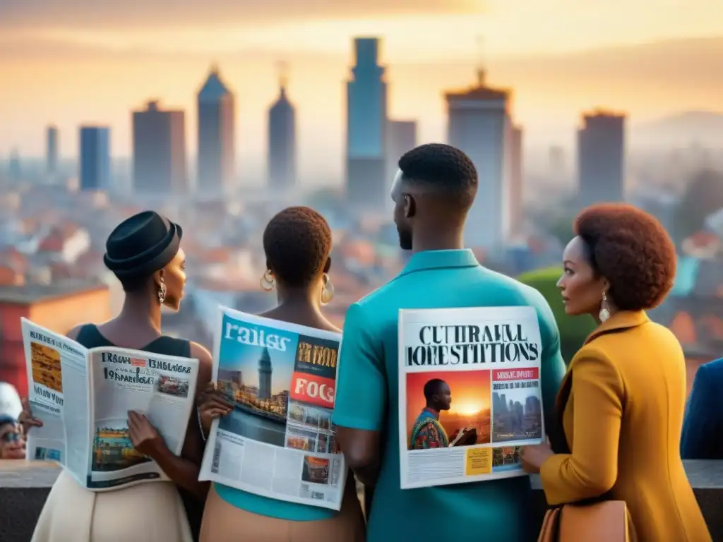 Personas diversas leyendo fuentes contemporáneas sobre África en una plaza urbana vibrante