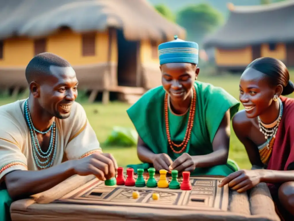 Personas de todas las edades disfrutan de un juego tradicional africano en un vibrante pueblo, mostrando la alegría y la cultura