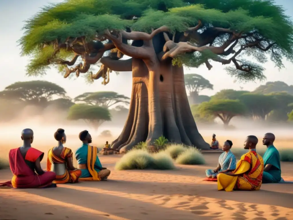 Personas practicando mindfulness bajo un baobab, con influencia africana en mindfulness