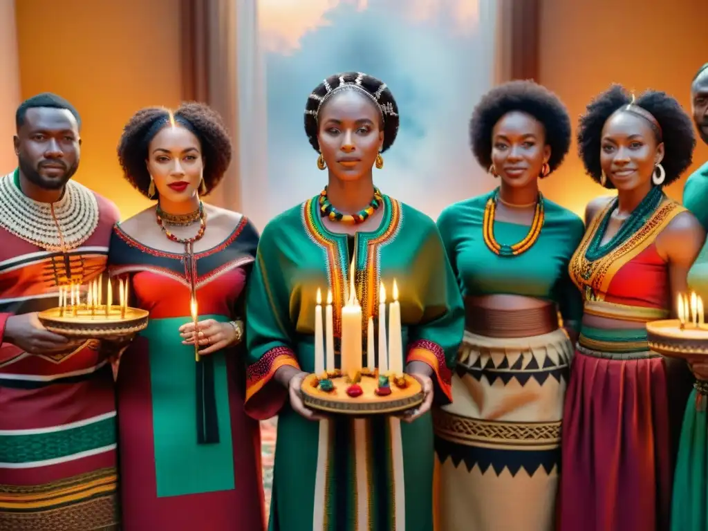 Celebración de Kwanzaa con personas vestidas con atuendos africanos coloridos sosteniendo velas encendidas