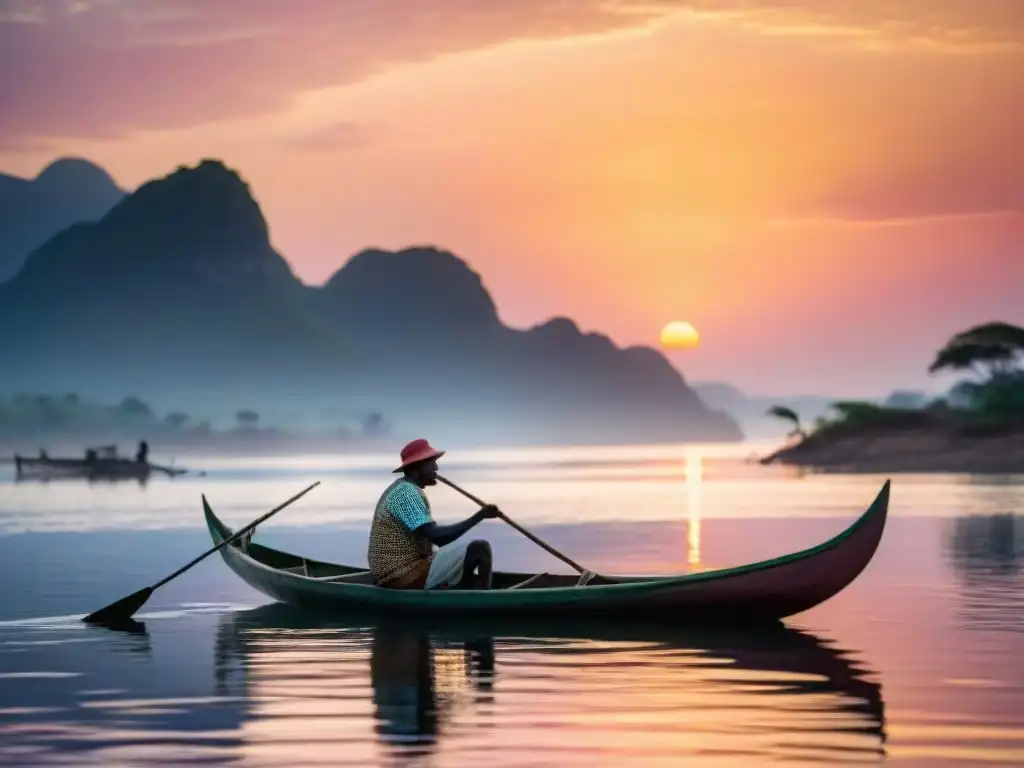 Pescador africano en canoa lanzando red al amanecer en el lago Victoria, conectando con Omega3 en pescados africanos