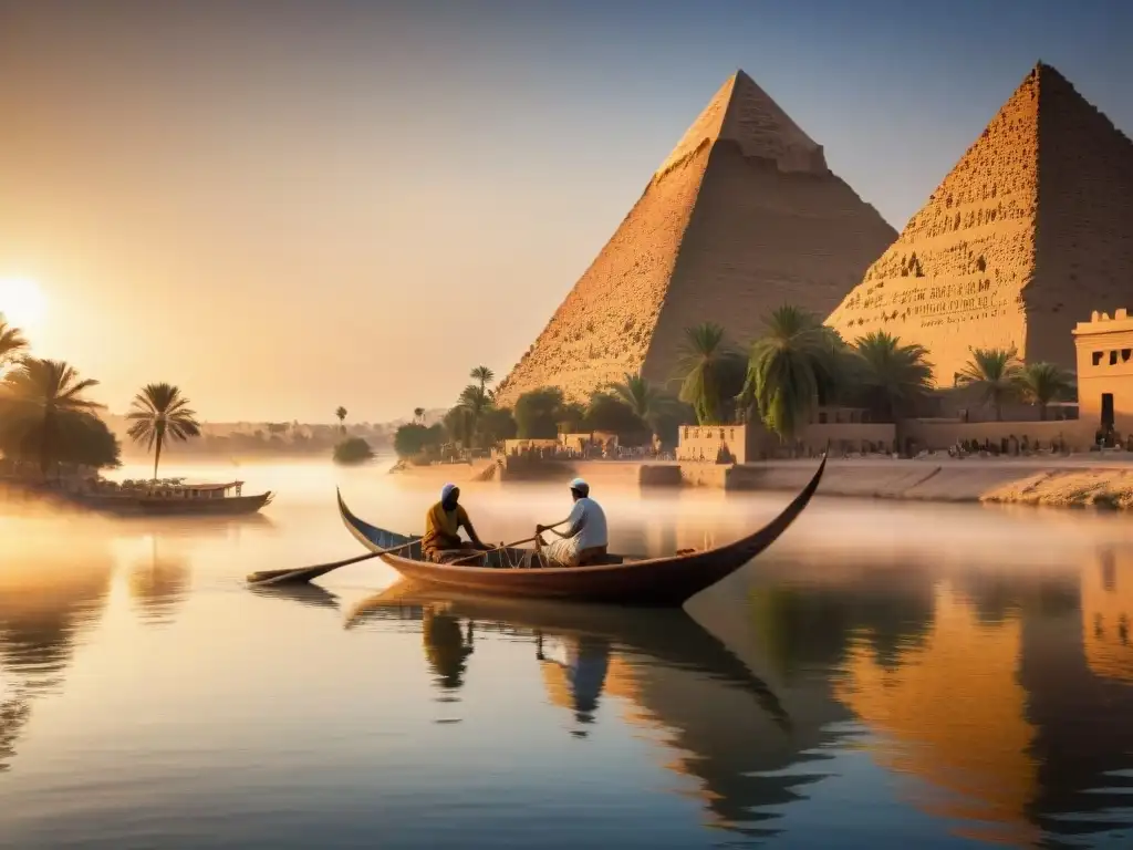 Pescador egipcio en felucca cazando en el Nilo al amanecer con templos de Luxor al fondo