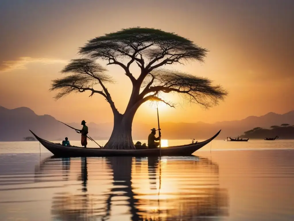 Pescadores africanos en canoas de madera bajo un atardecer vibrante en el Lago Malawi