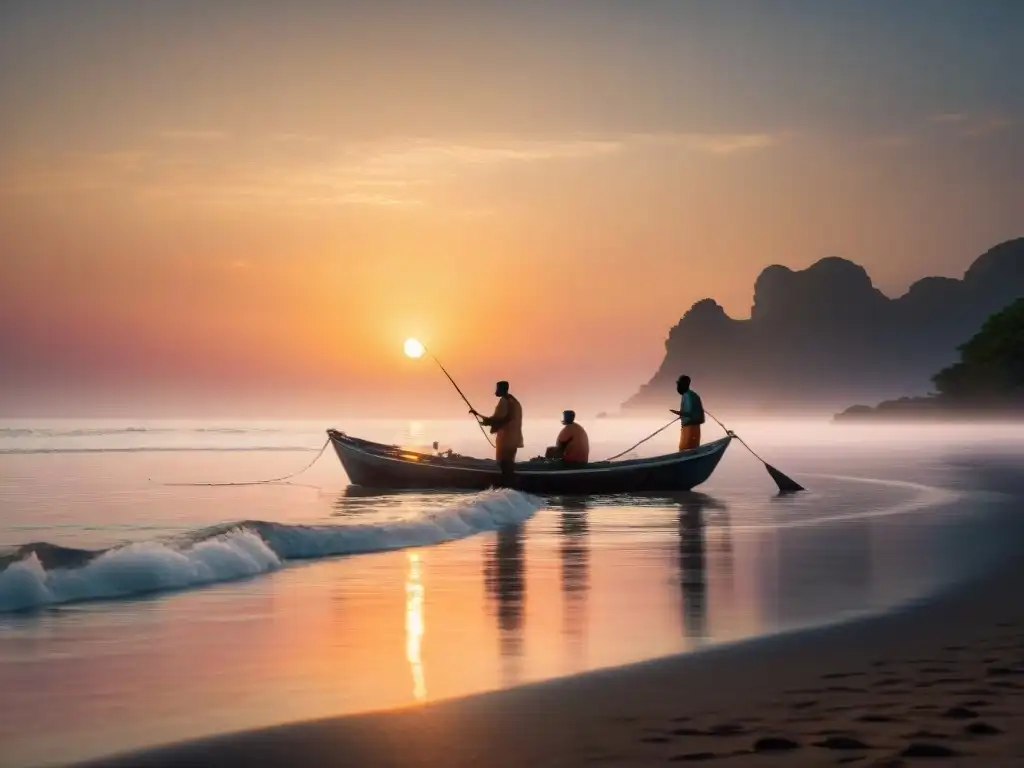 Pescadores africanos en la costa al amanecer, simbolizando tradición y comunidad en la pesca