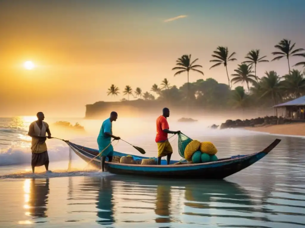 Pescadores africanos lanzando redes al amanecer en una escena vibrante y llena de simbolismo pesca tradición comunidades africanas