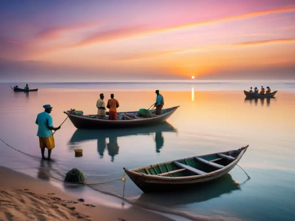 Pescadores africanos practicando técnicas tradicionales al amanecer