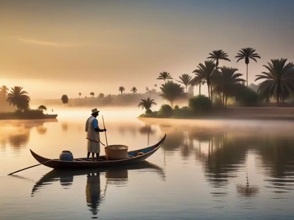 Pescadores en barcas de madera tradicionales en el Nilo al amanecer, capturando la esencia de la caza y pesca en el Nilo