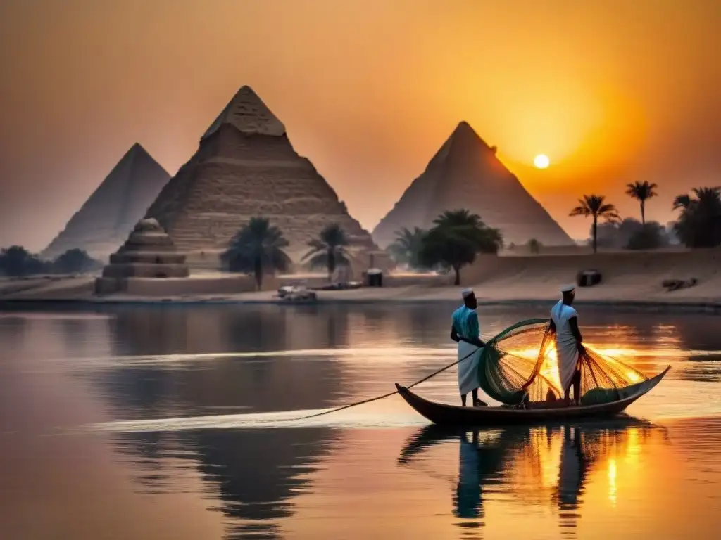 Pescadores egipcios en el río Nilo al atardecer, con las pirámides de fondo, reflejando las técnicas de pesca en Egipto