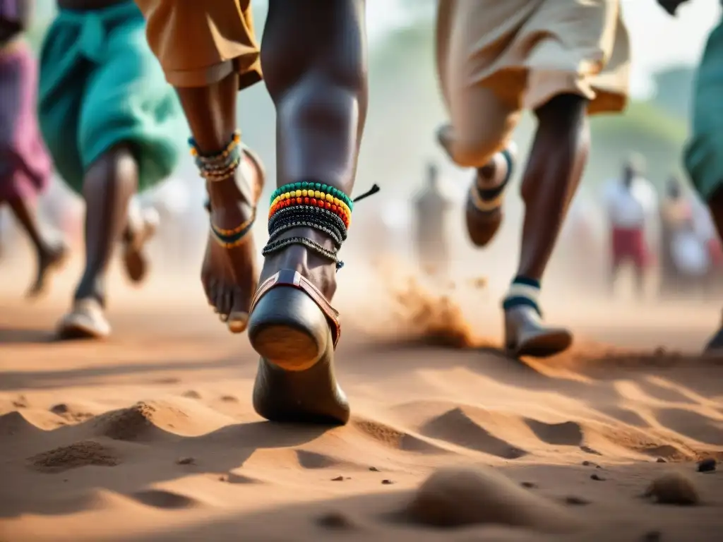 Pies danzantes con pulseras africanas, remolinos de polvo, vitalidad y riqueza cultural