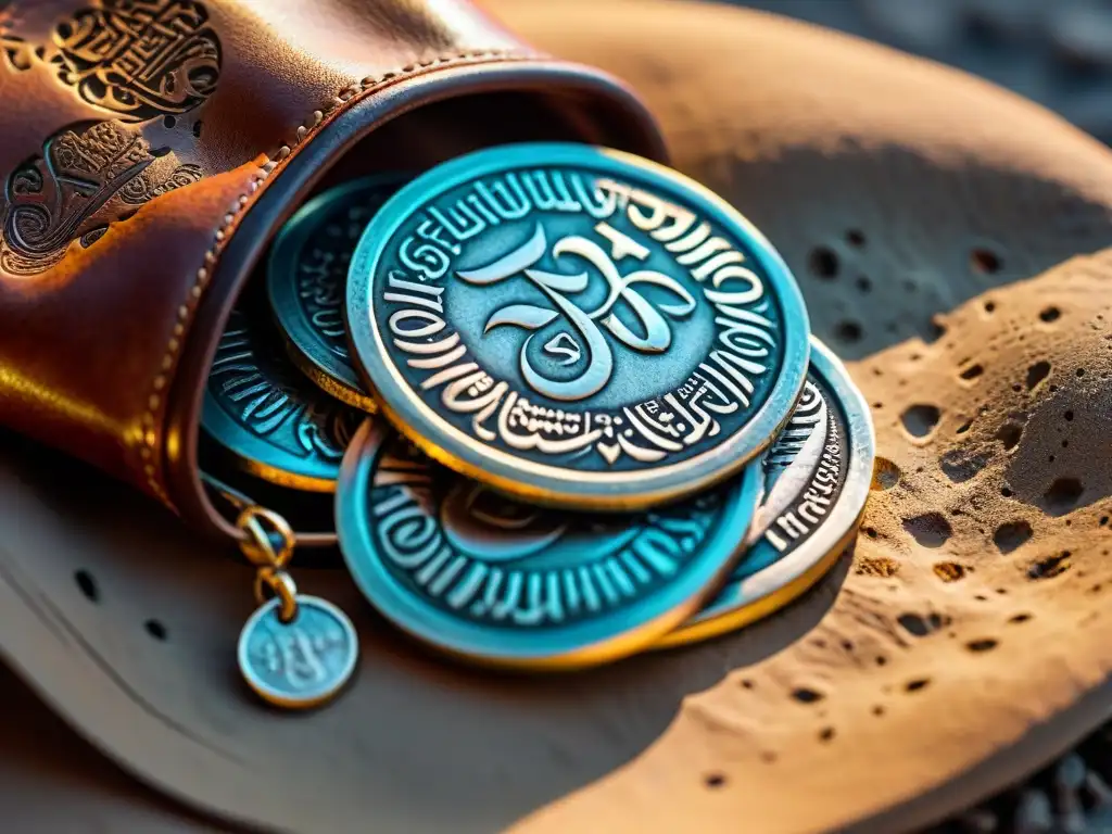 Monedas antiguas de plata árabe: historia y belleza en detalle Una pila de antiguas monedas de plata árabes sobre una bolsa de cuero desgastado, con grabados de caligrafía árabe y patrones geométricos