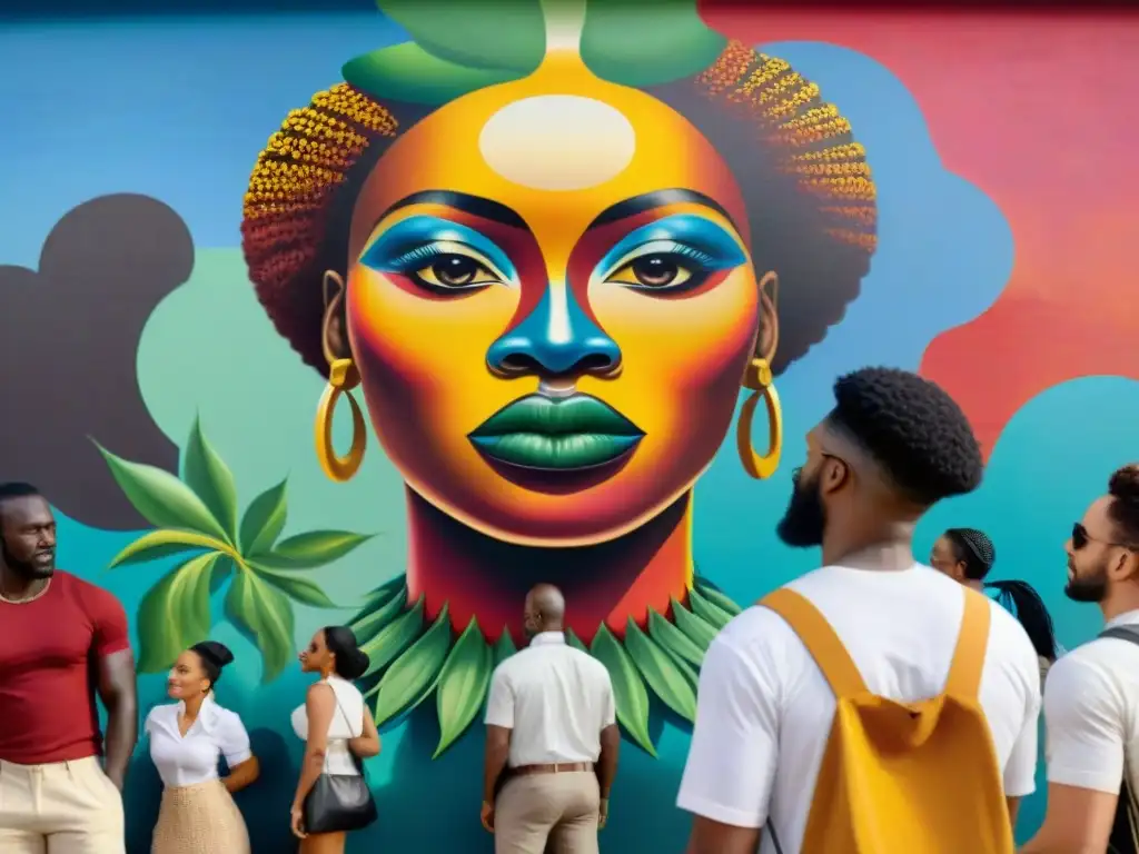 Pintor africano crea mural vibrante mientras comunidad observa, fusionando arte tradicional con técnicas contemporáneas