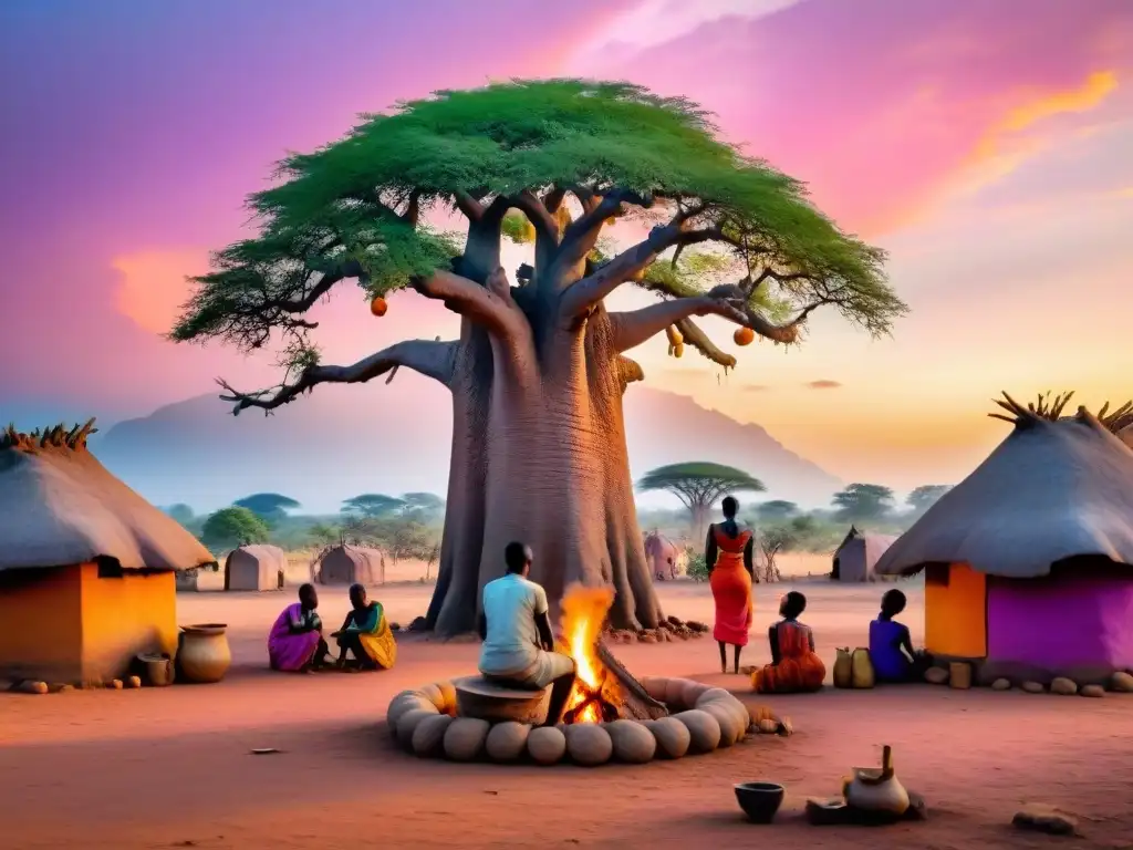 Un pintoresco pueblo africano al atardecer, con vida comunitaria y colores cálidos