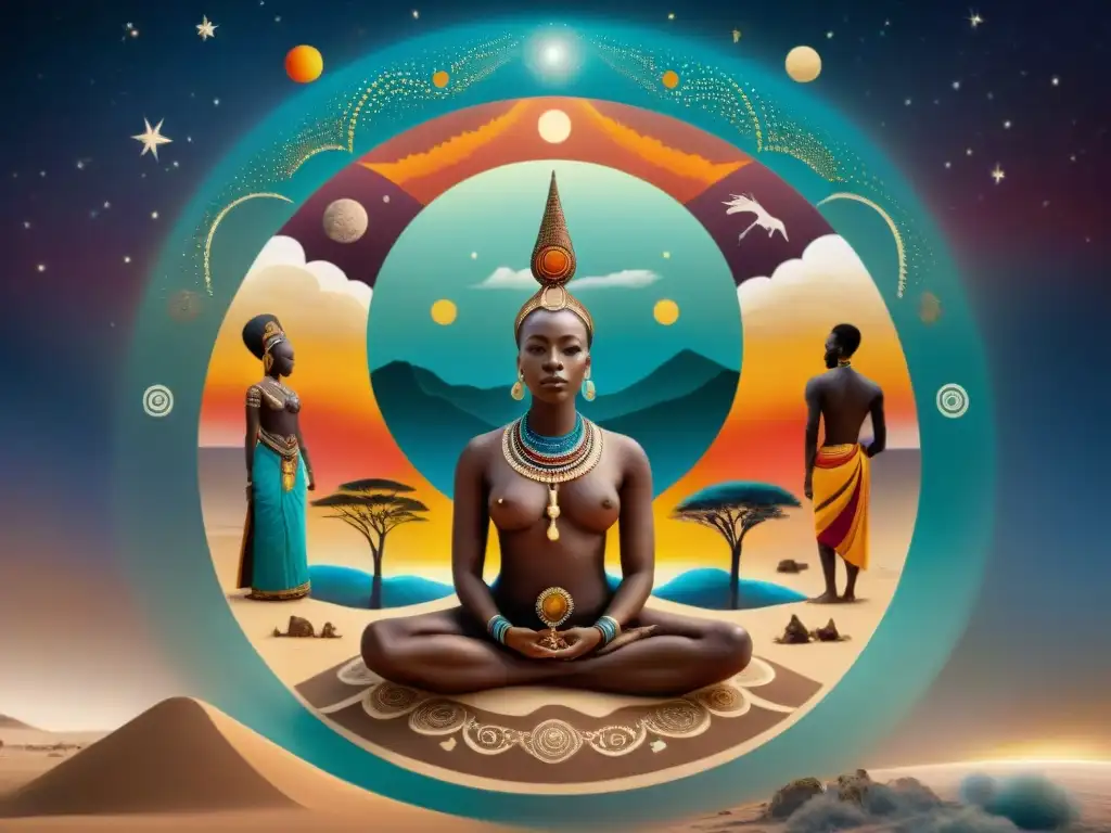 Una pintura de arena detallada que muestra la cosmología africana con deidades, animales y elementos celestiales entrelazados en una representación cultural y espiritual