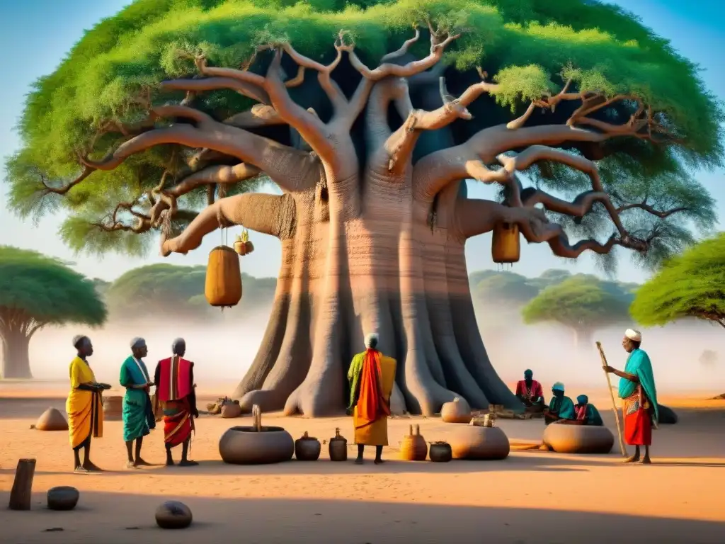 Pintura de arena detallada de curanderos realizando rituales bajo un baobab en una aldea africana