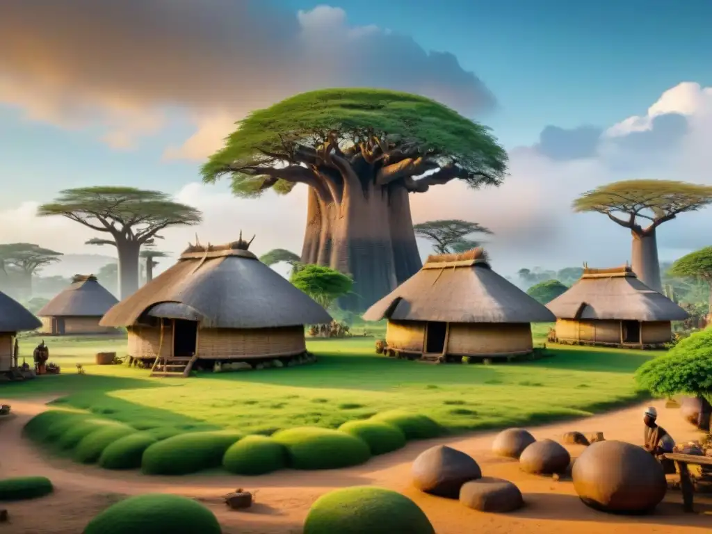 Pintura detallada de una aldea tradicional Kongo en África, con chozas de paja y actividades diarias