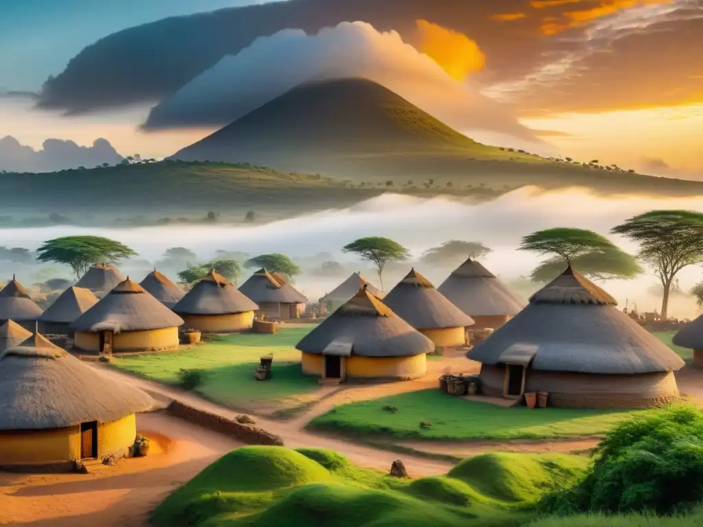 Pintura detallada de un pueblo africano al amanecer, con huts de barro y geometría sagrada bajo un cielo colorido