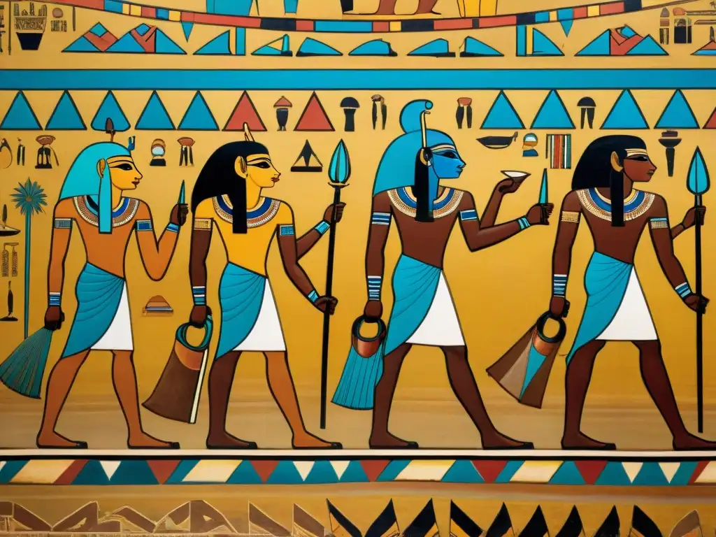 Pintura mural detallada de comercio y cultura entre Egipto y civilizaciones africanas en el Cuerno de África